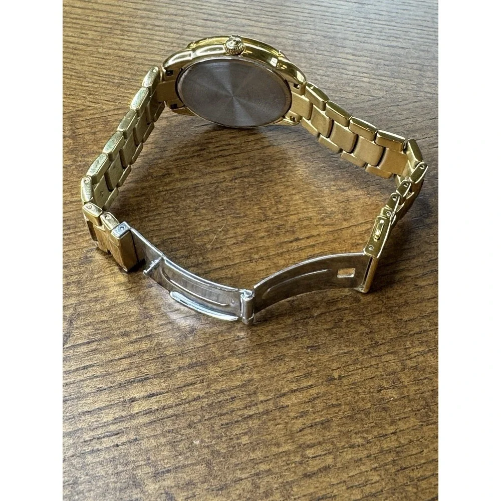 Bulova Maribor 98R171 Gold Tone Watch Diamond Bezel Day Date Women 36mm